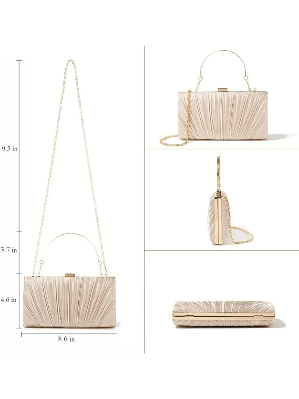 Women's Satin Gold Pleated Evening Handbag with Chain Prom Classic Clutch Purses